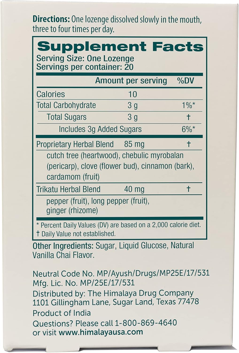 Himalaya Koflet Lozenges, Vanilla Chai Flavor, Natural Herbal Cough Drop for Warming Relief and Soothing Comfort, 130 mg, 20 Lozenges,3 Pack