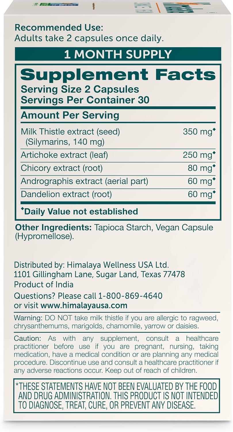 Himalaya Milk Thistle Liver Support Capsules, 60 Count, Silymarin Milk Thistle 350 mg, with Artichoke, Chicory, Andrographis & Dandelion, Supports Liver Function & Cleansing