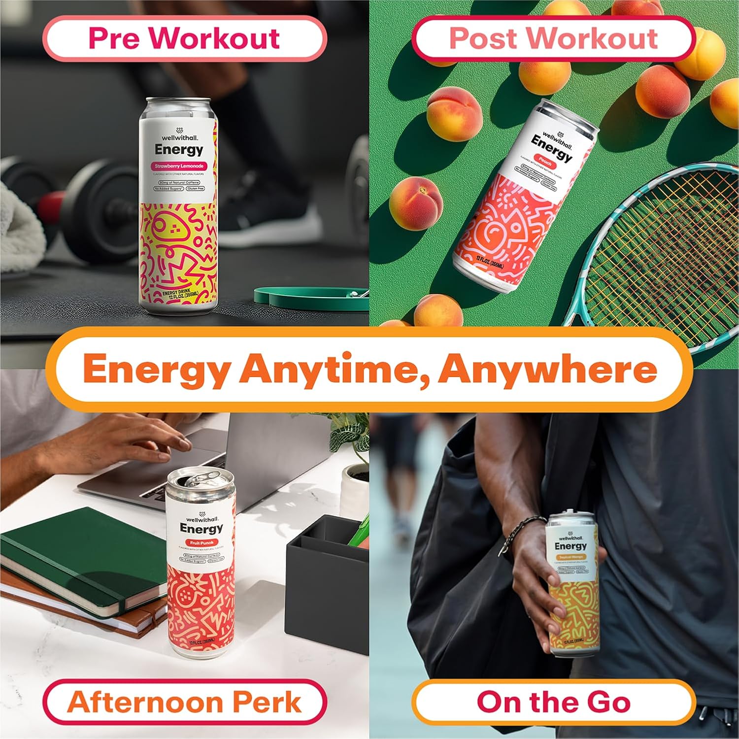 WellWithAll Energy Drink Variety Pack – Strawberry Lemonade, Fruit Punch, Tropical Mango, and Peach Flavors – Caffeine from Tea – With Vitamin C – Lightly Sparkling Beverage – Fruit & Veggie Juice Blend – 12 Oz (Pack of 12 – 3 Cans of Each Flavor)