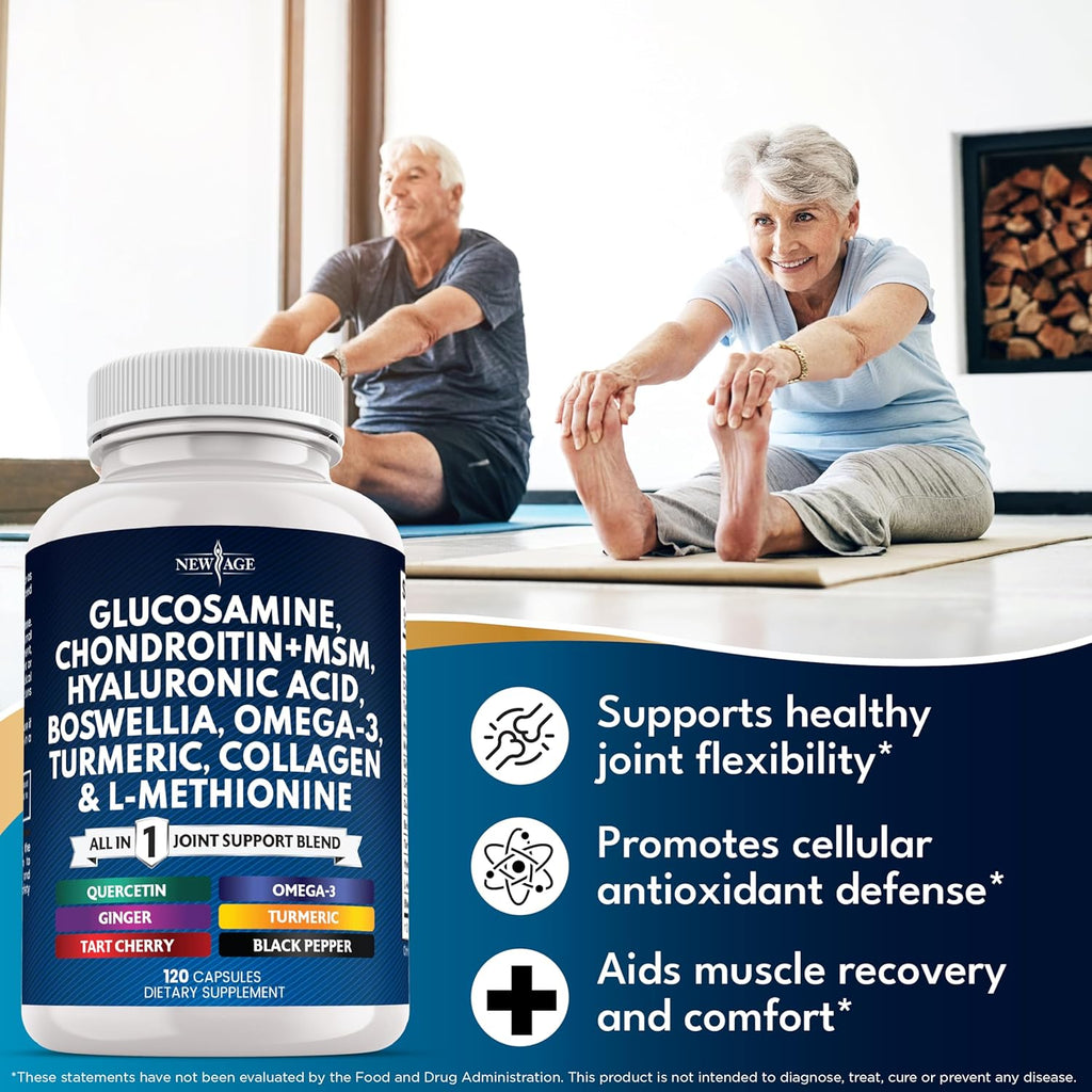 Glucosamine Chondroitin, MSM, Turmeric Curcumin, Collagen, Hyaluronic Acid, Omega 3 – Joint Health Supplement for Men & Women – 120 Count