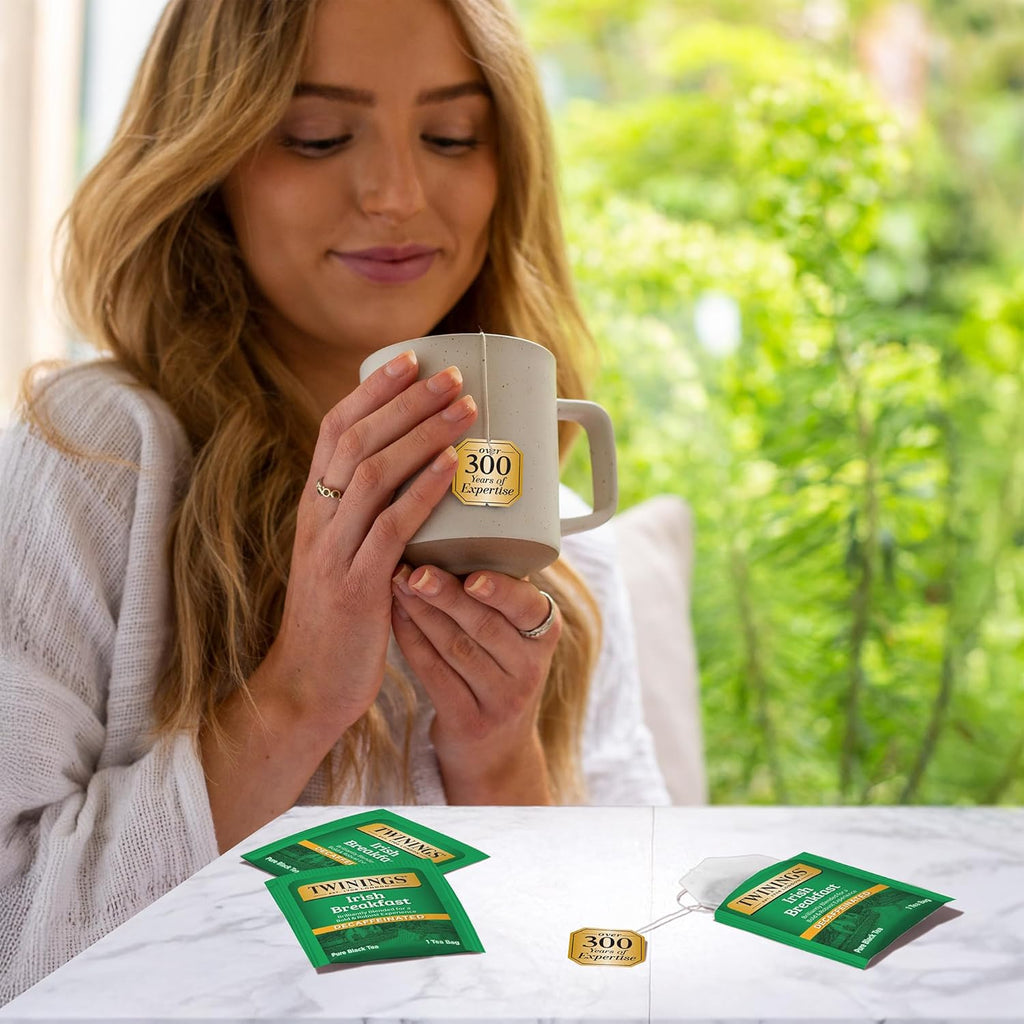 Twinings Decaffeinated Irish Breakfast Black Tea Individually Wrapped Bags, 20 Count (Pack of 6), Flavourful, Robust, Enjoy Hot or Iced, 120 Teabags