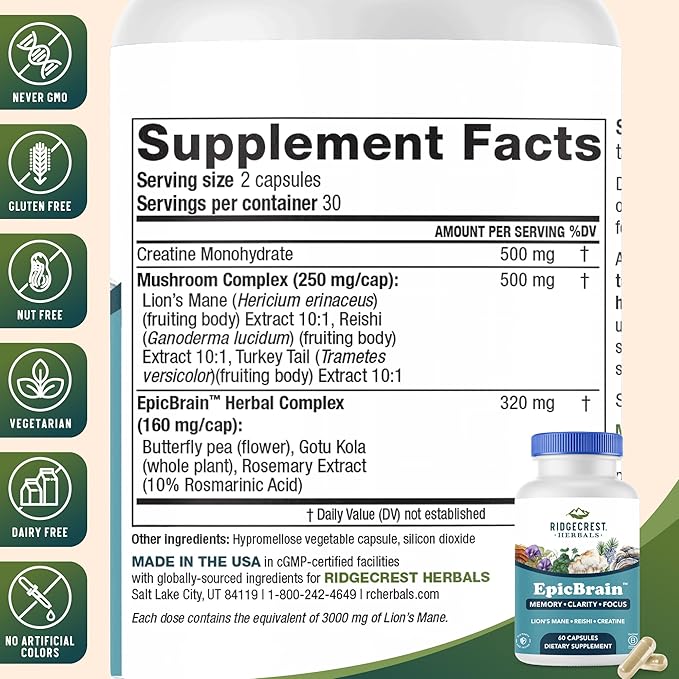 RidgeCrest Herbals EpicBrain, Natural Brain Support Supplement with Creatine Monohydrate, Lion's Mane, Reishi, Supports Mental Clarity, Memory, Focus, Stimulant-Free Nootropic (60 Count, 30 Servings)