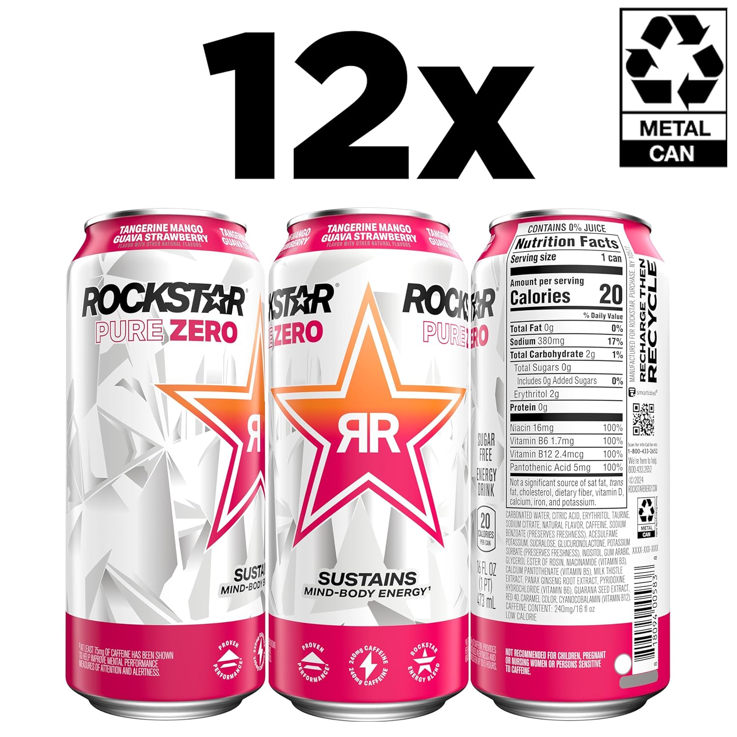 Rockstar Pure Zero Energy Drink, Tangerine Mango Guava Strawberryh, 0 Sugar, with Caffeine and Taurine, 16 Fl Oz (Pack of 12) (Packaging May Vary)