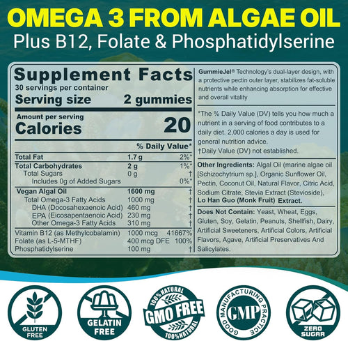 2 Pack Algae Omega 3 Gummies 1000mg, Plant Based DHA 460mg & EPA 230mg, Omega 3 Fish Oil Alternative for Adults, Plus MethylFolate, Vitamin B12, Phosphatidylserine, No Fishy Taste, Vegan, Sugar Free
