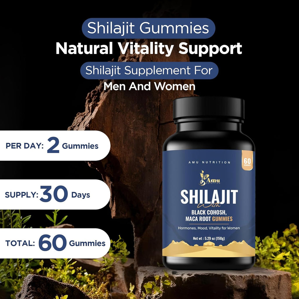 Shilajit Gummies for Men & Women with Maca Root & Black Cohosh (60 Count (Pack of 1), Maca Root & Black Cohosh)