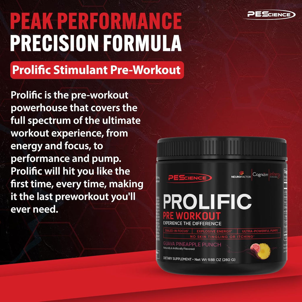 PEScience Prolific Pre Workout Powder for Men & Women with L-Citrulline Nitric Oxide Booster, Energy Powder & Nootropic for Focus – Preworkout Without Beta Alanine – 40 Scoops, Guava Pineapple Punch
