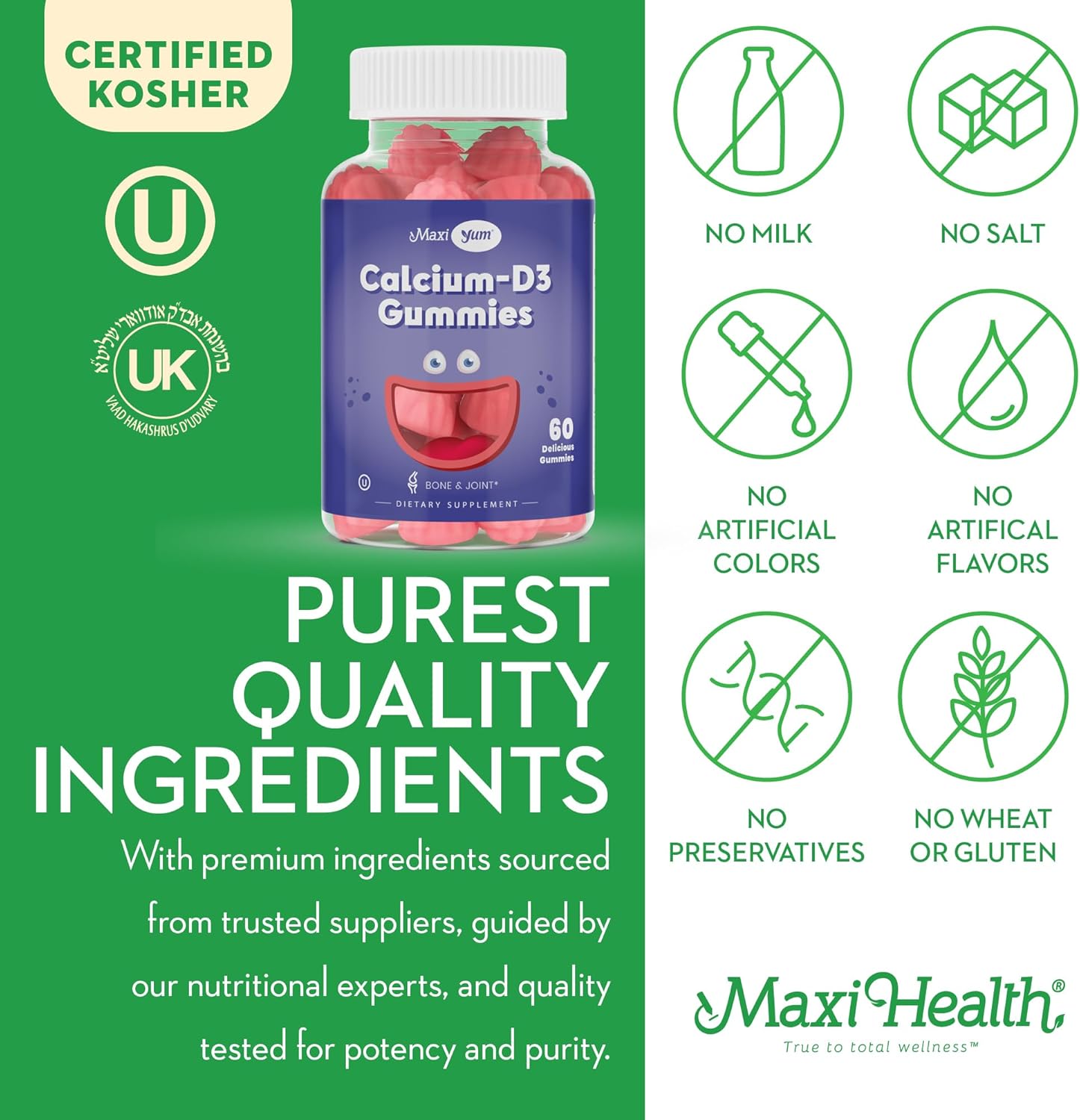 Calcium + D3 Gummy – Chewable Supplement for Bone Support – Kosher Gummies for Women, Men & Kids – Coral Source with Vitamin D – Kids Calcium & Immune Support – Citrate-Free – 60 Count