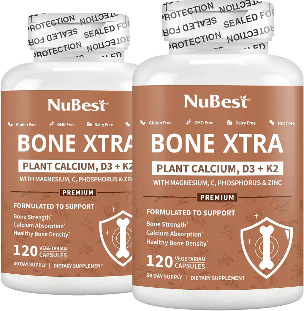 Bone Xtra - Vegan Bone Strength Formula for Stronger Bones, Plant-based Calcium from Marine Algae, Vitamins D3, Vitamin K2, Magnesium, Phosphorus & More for Teens, Adults - 2 Months Supply | 2 Pack