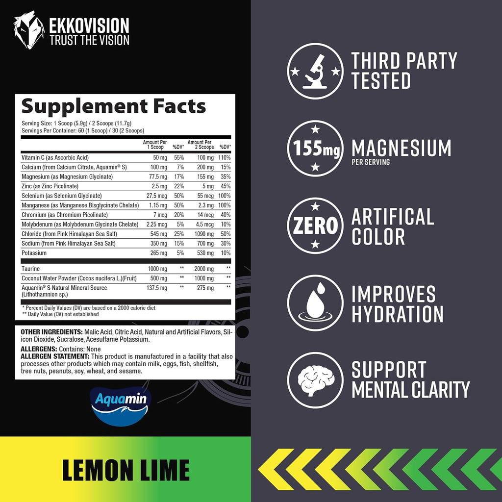 Ekkovision Ekkolyte Electrolytes & Minerals Powder, 50 MG Vitamin C & 155 MG Magnesium for Hydration Support, Essential Electrolytes for Women & Men, Lemon Lime Flavored Electrolyte Mix, 120 Servings