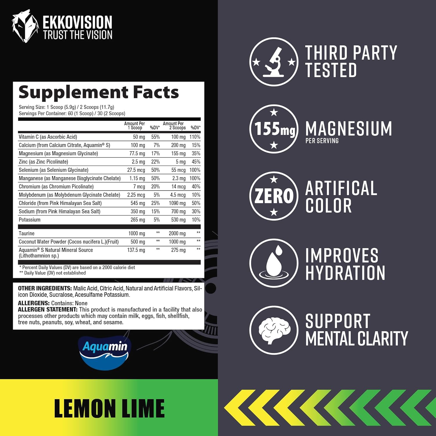 Ekkovision Ekkolyte Electrolytes & Minerals Powder, 50 MG Vitamin C & 155 MG Magnesium for Hydration Support, Essential Electrolytes for Women & Men, Lemon Lime Flavored Electrolyte Mix, 120 Servings