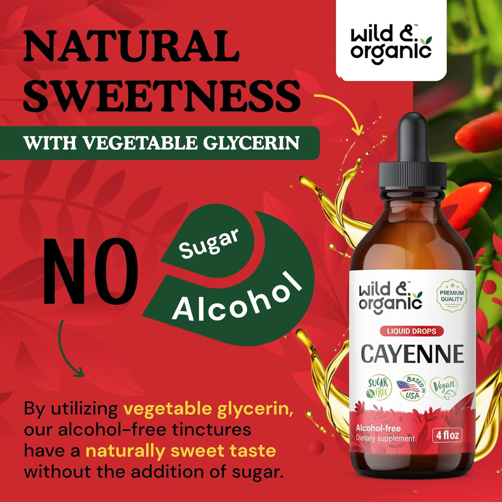 Wild & Organic Cayenne Pepper Tincture - Digestive Support with Capsaicin Extract - Cayenne Pepper Liquid Drops for Overall Well-Being - Vegan, Sugar & Alcohol-Free - 4 fl oz (Pack of 2)