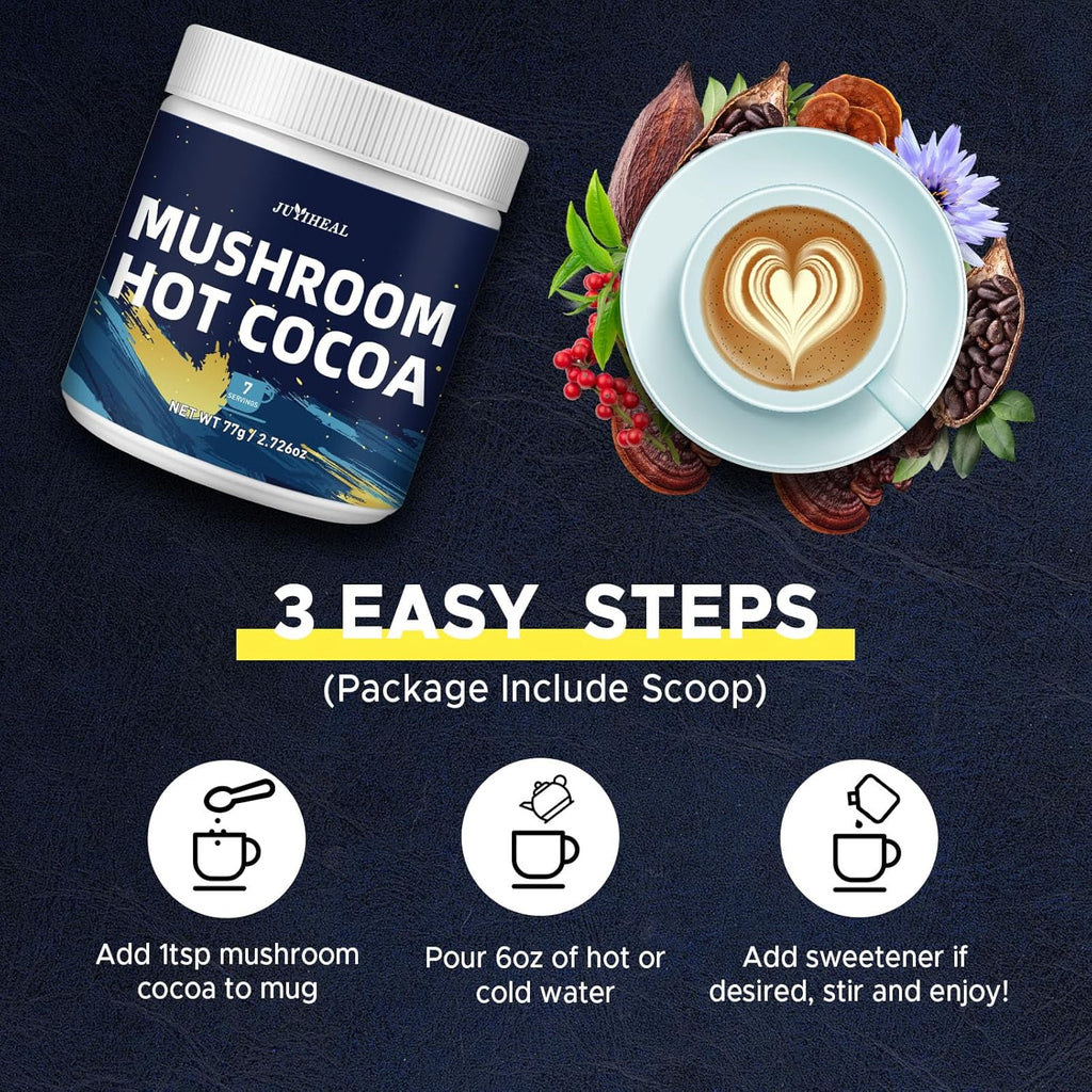JUYIHEAL Mushroom Hot Cocoa with Melatonin, Reishi, Glycine, Cacao, L-Theanine, Chicory for Calm and Relax Support, Sleep Hot Cocoa Supplement ((7 Servings)