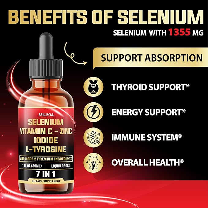7in1 Selenium Liquid Drops – 200mcg Selenomethionine for Men & Women – Pure Thyroid Support Supplement – High Absorption Tincture – for Immune & Energy Support - 1FL Oz - 60 Day Support