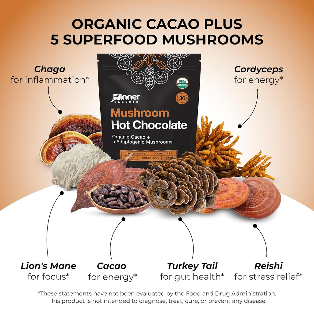 Inner Elevate Mushroom Hot Chocolate Superfood - Ceremonial Cacao with 5 Mushrooms (Lion's Mane, Cordyceps, Chaga, Reishi, Turkey Tail) - Great as a Coffee Alternative, Hot Chocolate, or Smoothie (30 Servings)