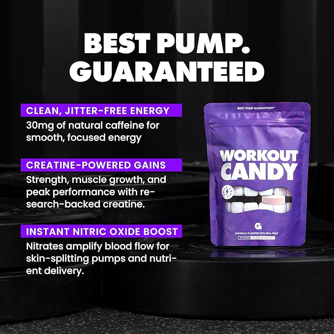 Gains in Bulk Workout Candy, Pre Workout Chews with Creatine and Caffeine for Energy, Focus, Muscle and Pump, Nitric Oxide Support, Supplements for Men and Women, Sour Fruit, 90 Vegetarian Chews