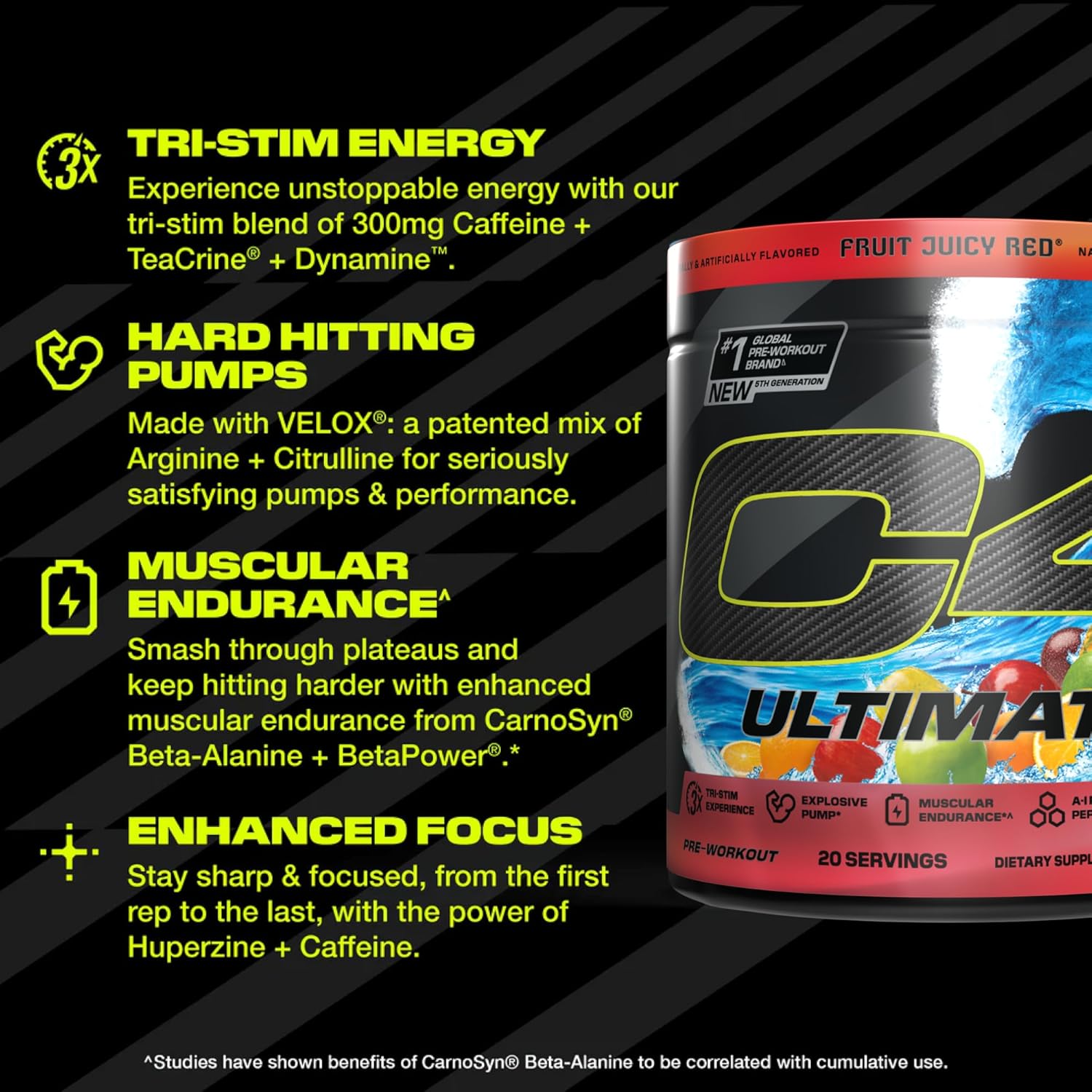 Cellucor C4 Ultimate Pre Workout Powder - Sugar Free Preworkout Energy Supplement for Men & Women - 300mg Caffeine + TeaCrine + Dynamine + Creatine - Hawaiian Punch Fruit Juicy Red, 20 Servings