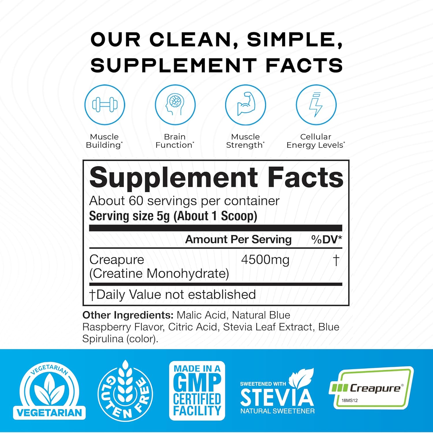 Muscle Feast Creapure Creatine Monohydrate Powder, Vegan Keto Friendly Gluten-Free, Muscle Recovery Supplement and Trusted Creatine for Muscle Growth, Flavored Creatine, Natural Blue Raspberry, 300g
