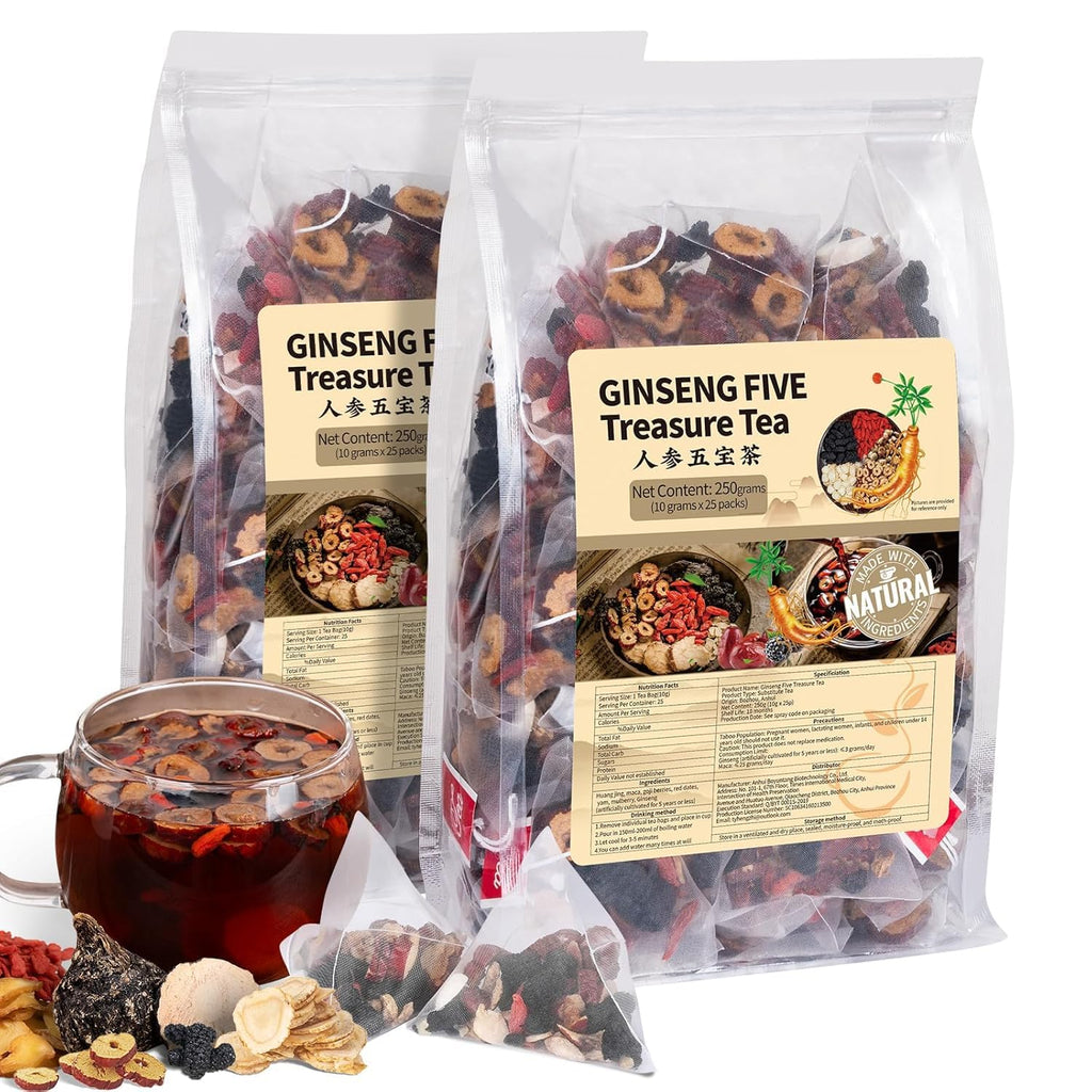Ginseng Five Treasures Kidney Tea, Traditional Chinese Herbal TeaBags, Natural Organic Kidney Cleanse Detox Tea for Women & Men, 7 Precious Ingredients Formula(2 Pack/50 Bags)