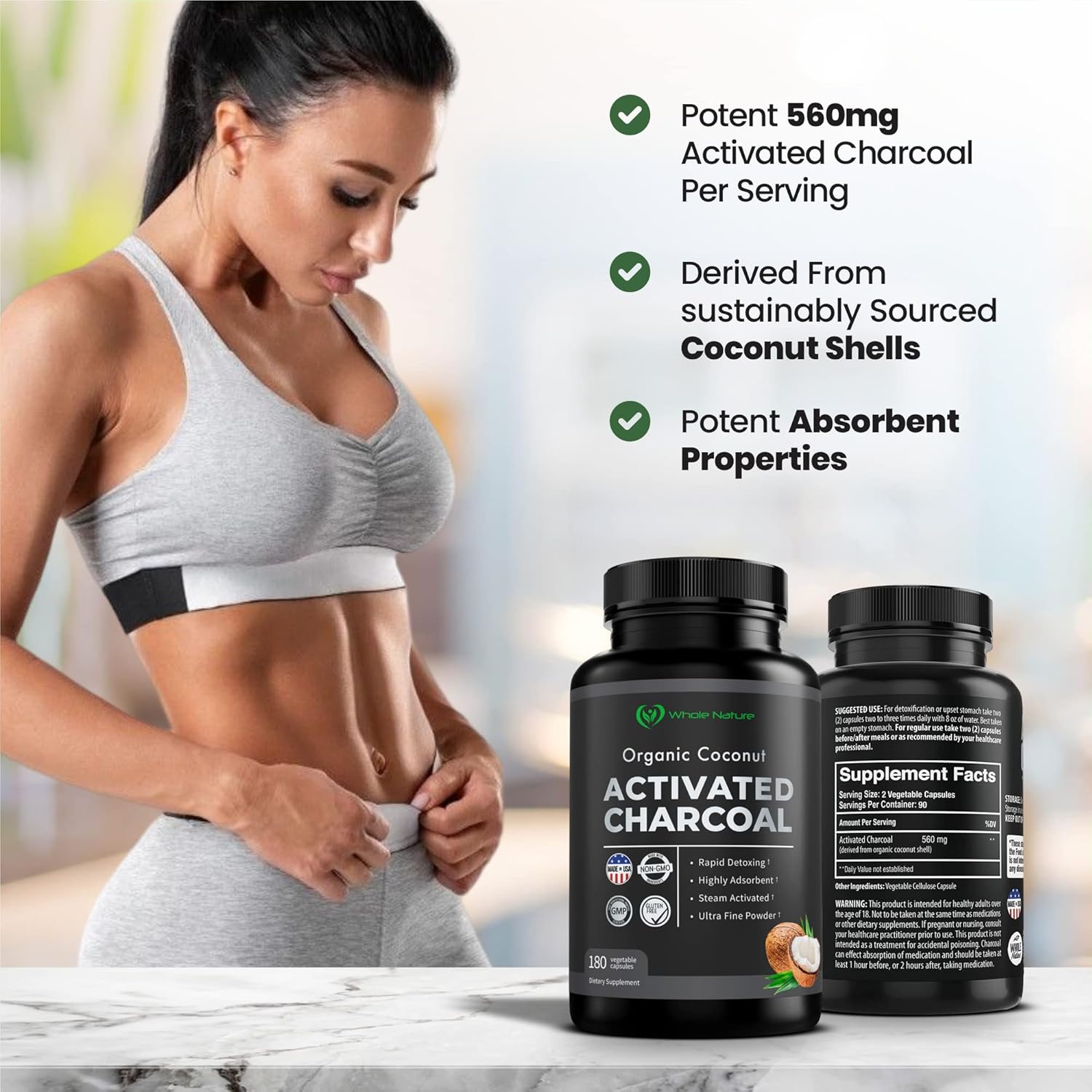 Coconut Activated Charcoal Capsules, 180 Charcoal Capsules, Teeth Whitening, Helps Constipation, Bloating, Stomach Gas, Heartburn, Pure Coconut Derived Supplement (2)