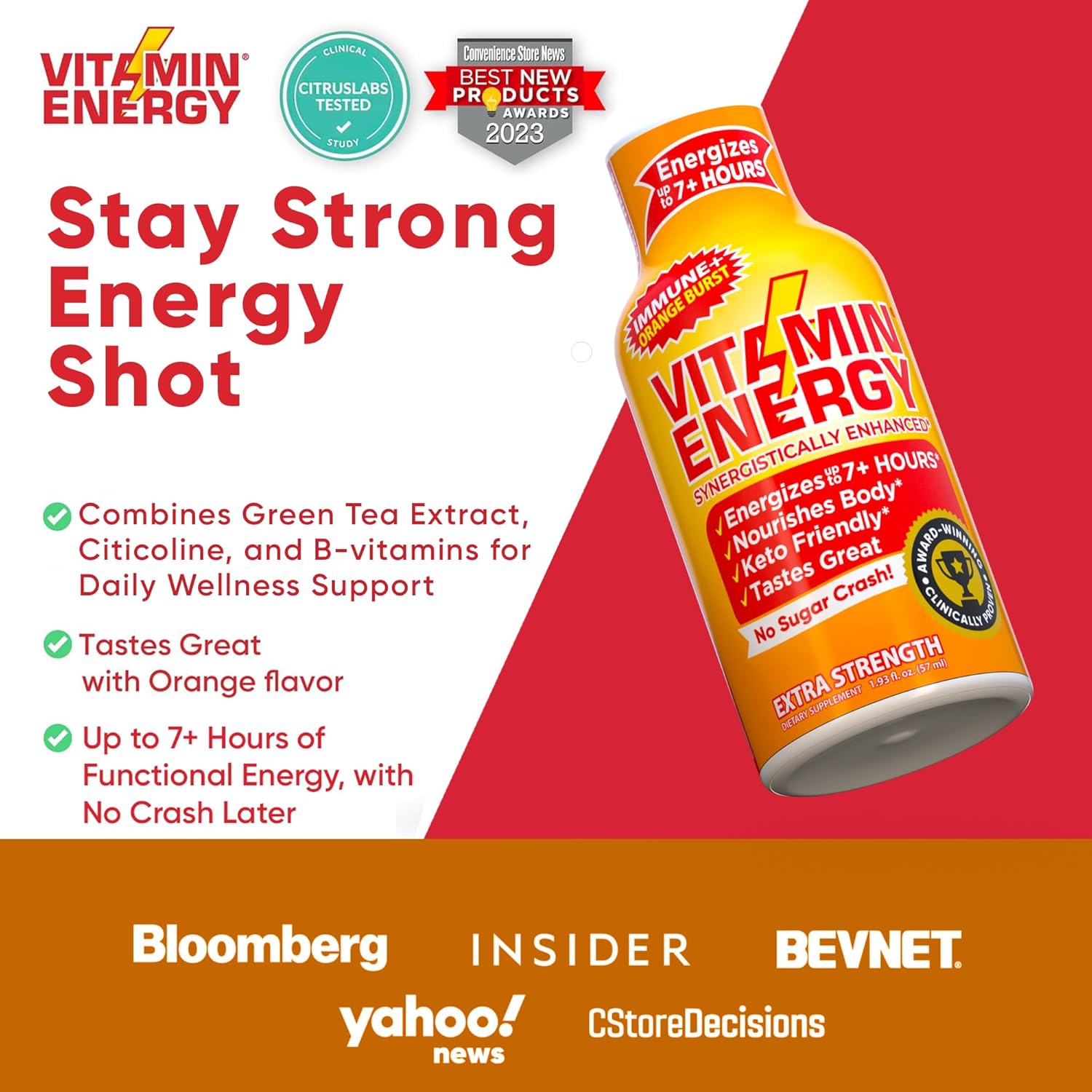 Vitamin Energy Immune+ Extra Strength Energy Shot Orange Burst 24 Pack, 260mg Natural Caffeine, B-Vitamins, Citicoline, Green Tea, Immunity & Focus Support, Zero Sugar, Gluten-Free 1.93 fl oz