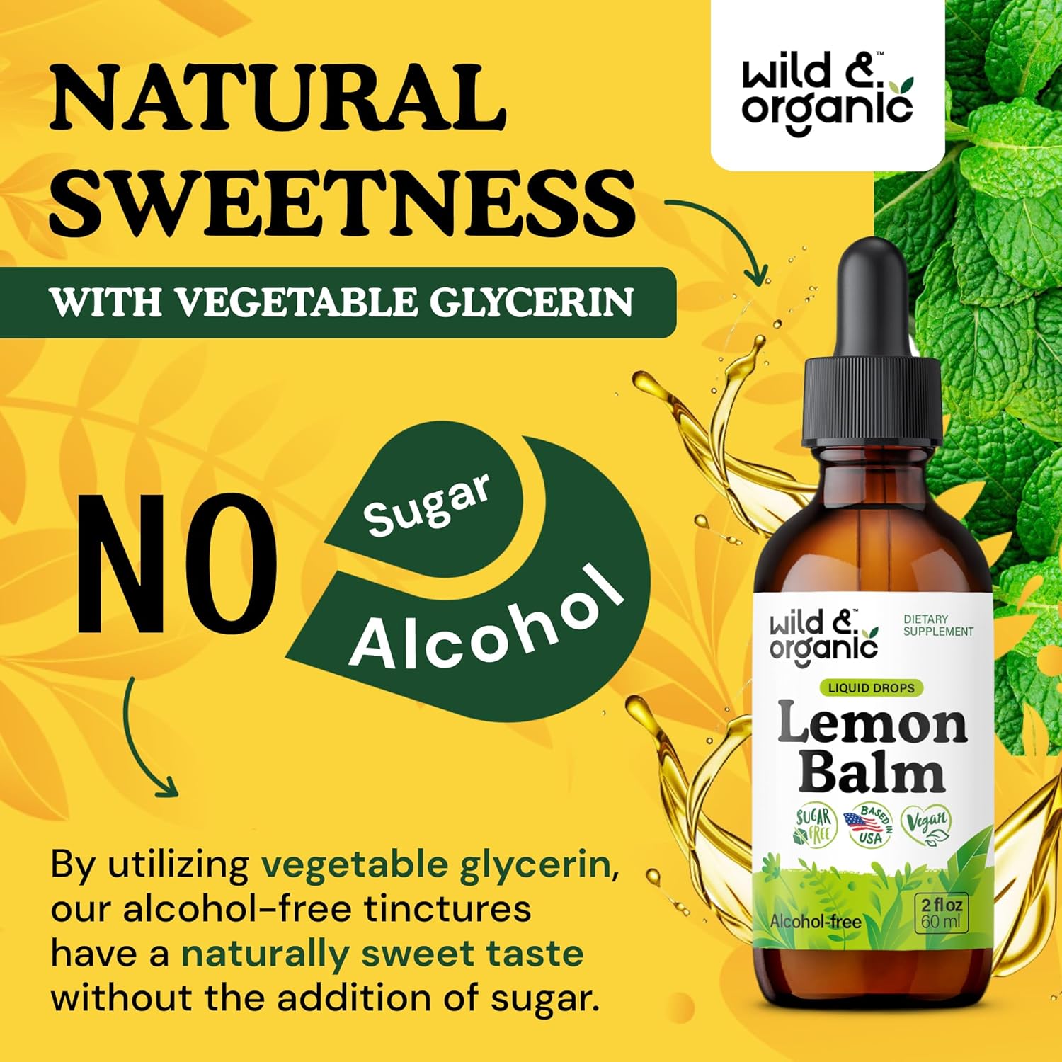 Wild & Organic Lemon Balm Drops - Relaxing Lemon Balm Leaf Extract Supplement - Calming Melissa Officinalis Tincture - Vegan, Sugar & Alcohol-Free - 2 fl oz
