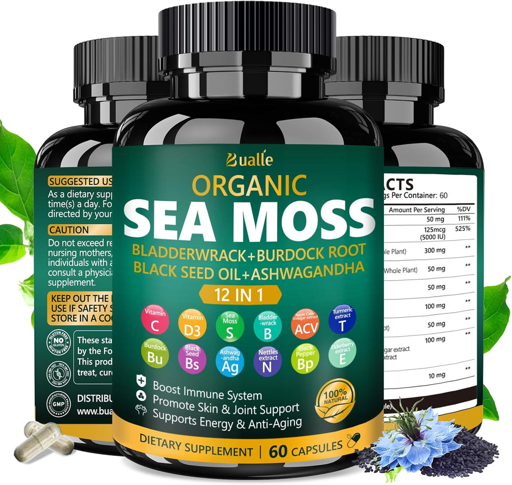 Bualle Organic Sea Moss Capsules with Sea Moss,Black Seed Oil,Ashwagandha,Bladderwrack,Ginger,Burdock Root for Immune System,Skin,Energy Support-120 Capsules (2 Pack)