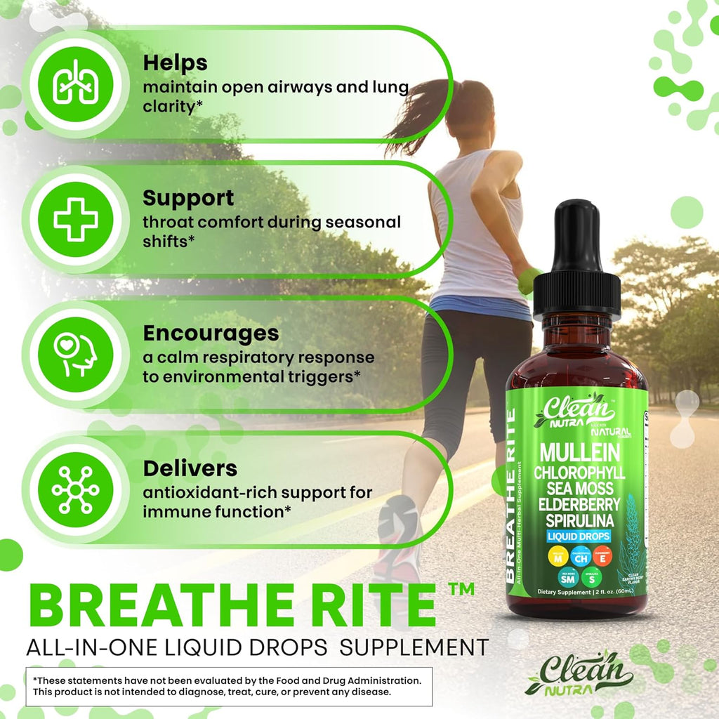 Clean Nutra Mullein Drops for Lungs Organic Chlorophyll Liquid Irish Sea Moss, Spirulina, Licorice, Tart Cherry Lobelia, Motherwort & Elderberry Mullein Leaf Extract Tincture Men Women Supplement