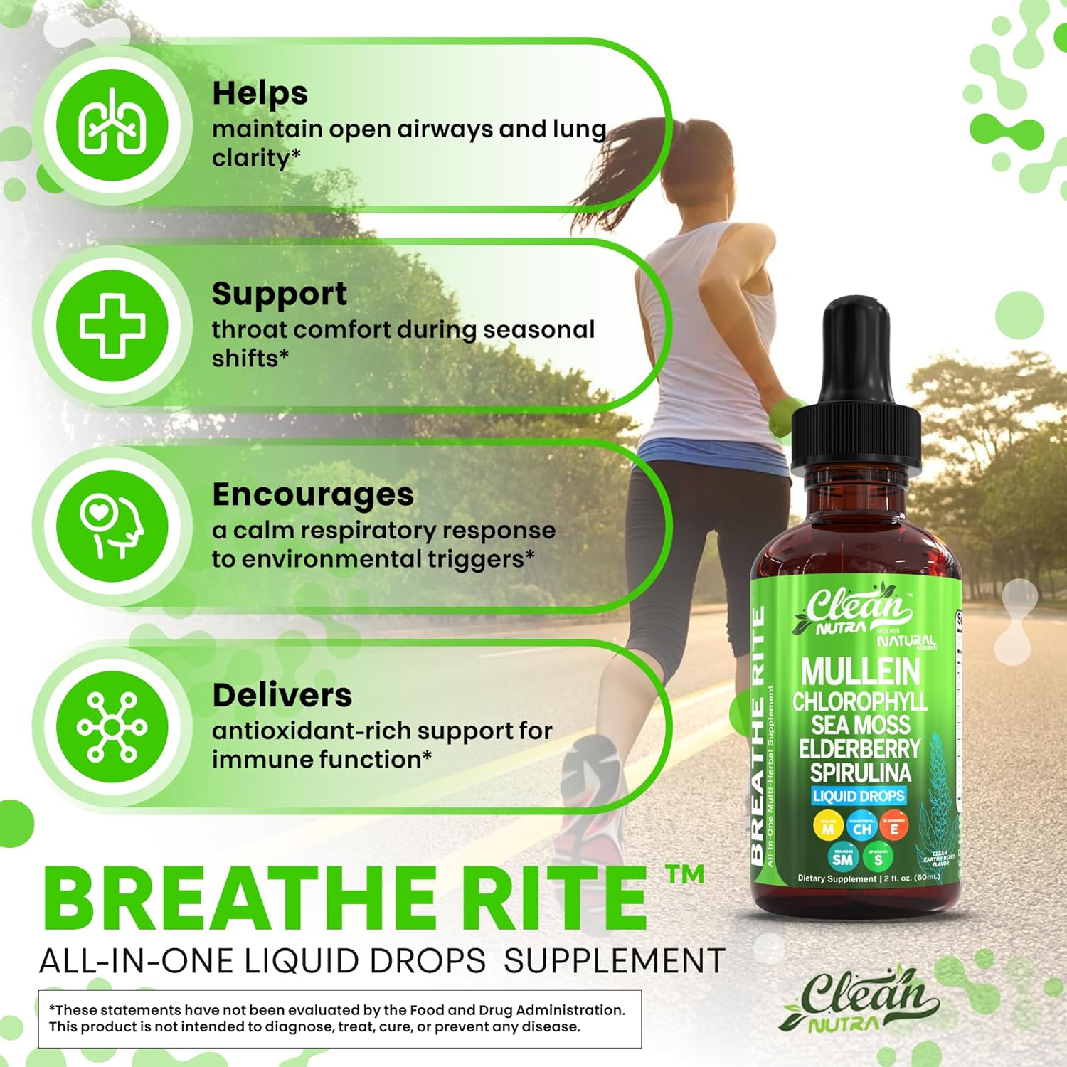 Clean Nutra Mullein Drops for Lungs Organic Chlorophyll Liquid Irish Sea Moss, Spirulina, Licorice, Tart Cherry Lobelia, Motherwort & Elderberry Mullein Leaf Extract Tincture Men Women Supplement