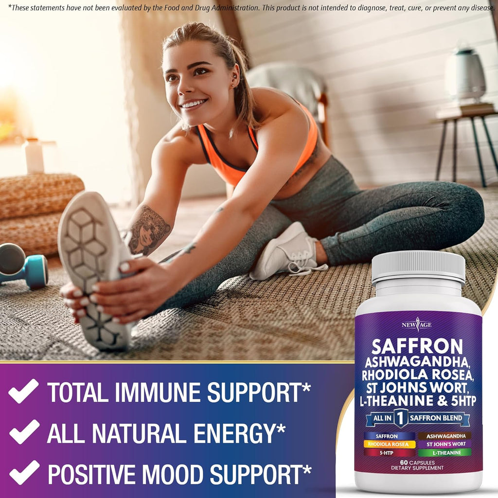 NEW AGE Saffron Supplements with Ashwagandha - Support with L-Theanine, Ginkgo Biloba, St. John's Wort, Rhodiola Rosea & 5-HTP - Saffron 180 Count