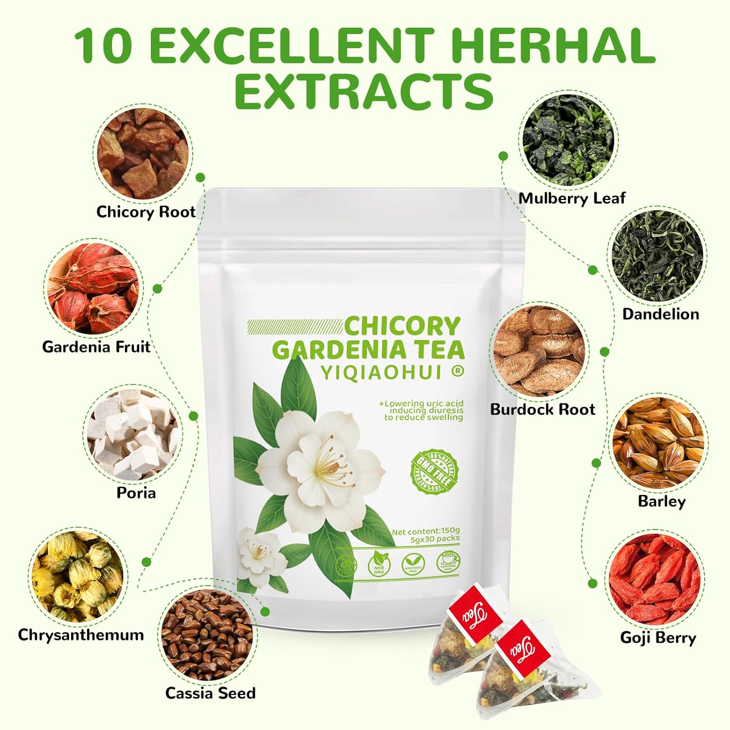 Organic Chicory Gardenia Tea for Blood Sugar Support & Healthy Digestion | 60 Bags of Herbal Tea| 10-Ingredient Blend with Chicory, Gardenia, Dandelion, Goji & Chrysanthemum | Supports Liver & Eye Health | Sugar Free, Caffeine Free, Vegan
