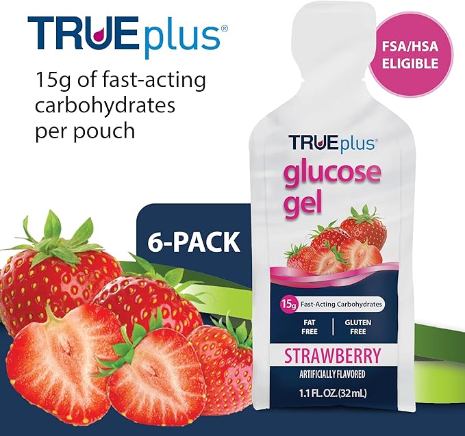 TRUEplus Glucose Gel Pouch, Strawberry Flavor, 15g Fast-Acting Carbohydrates, Fat Free, Gluten Free, Quick Support for Low Blood Sugar and Energy, 6 Pack