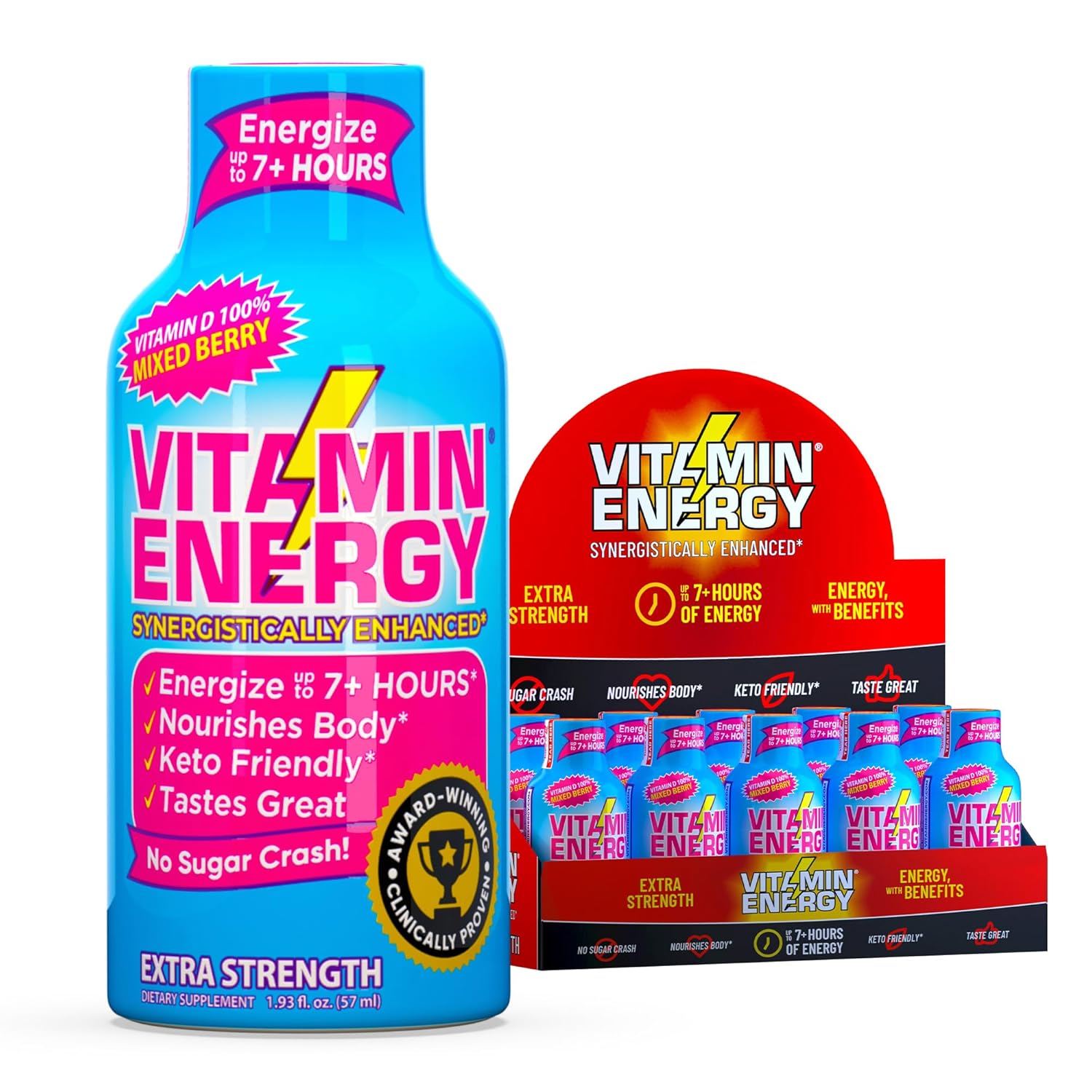 Vitamin Energy Vitamin D Extra Strength Energy Shot Mixed Berry 10 Pack, 260mg Natural Caffeine, B-Complex, Vitamin D, Wellness Support, Keto, Zero Sugar, Gluten-Free Vegan Kosher, 1.93 fl oz