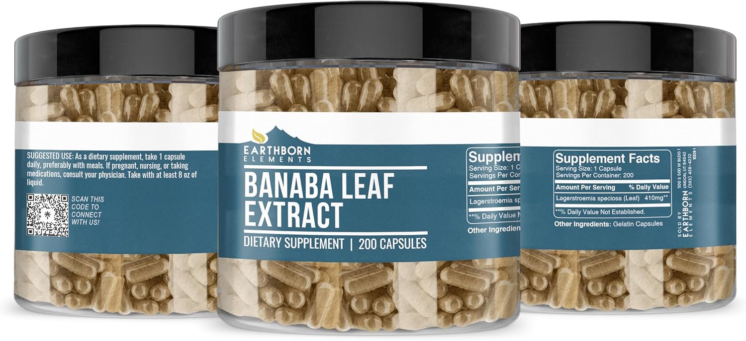 Earthborn Elements Banaba Leaf Extract 200 Capsules, Pure & Undiluted, No Additives