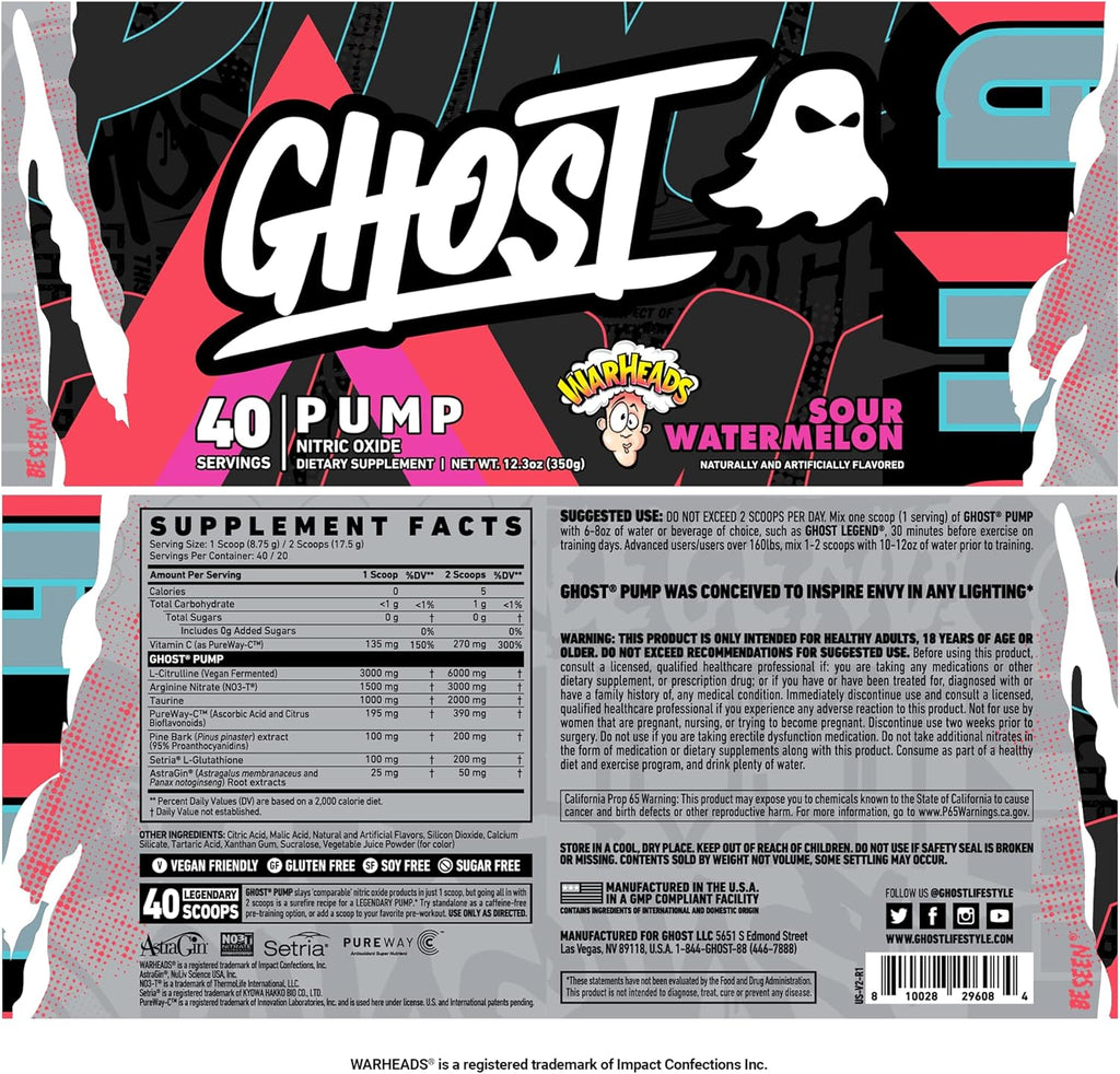 GHOST Pump Nitric Oxide Powder, Warheads Sour Watermelon - 40 Servings - Sugar & Stim-Free Pre-Workout Supplements- L-Citrulline, Arginine Nitrate & L-Glutathione - Soy & Gluten-Free, Vegan