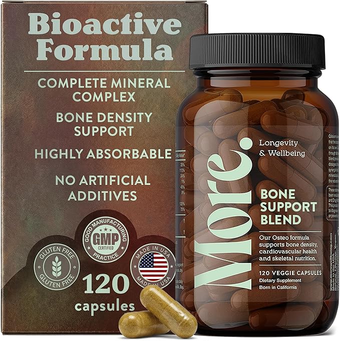 More. Longevity & Wellbeing Premium Calcium Supplement - Bone Strength Supplements with Magnesium, Vitamin D3 + K2 & Zinc for Bone Health Support - 4 Capsule Daily - Easy to Swallow - 120 Capsules