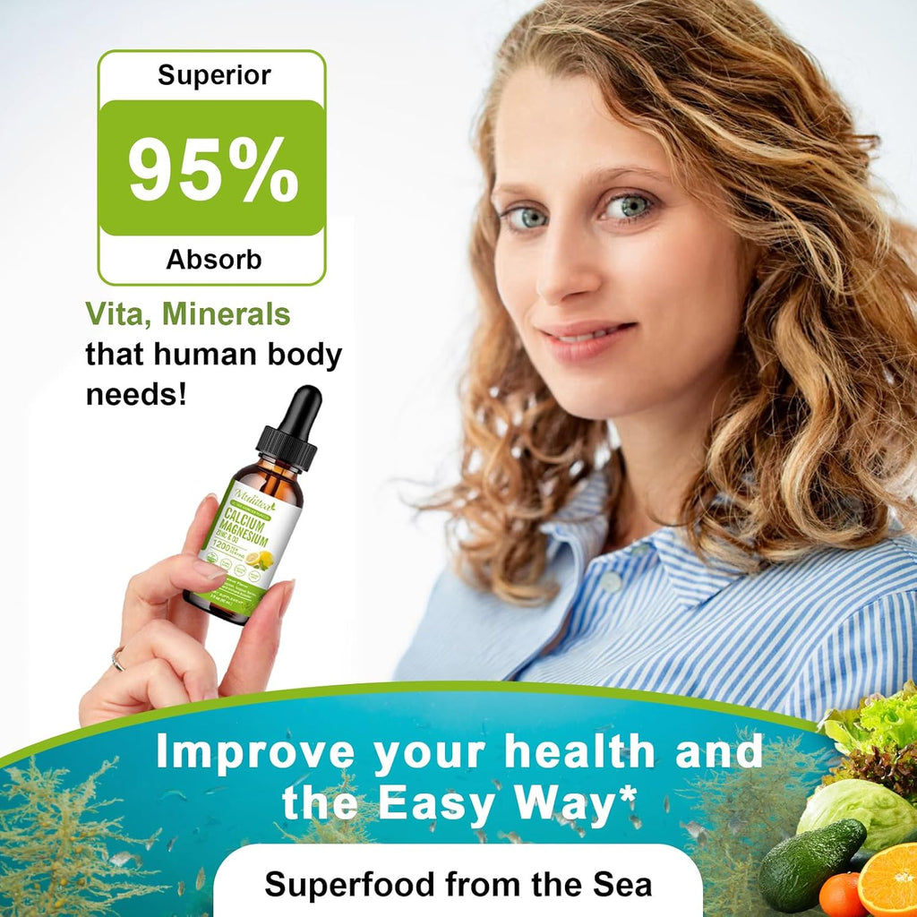 Calcium Magnesium Zinc Liquid with Vitamin D3, Magnesium Glycinate Plus Vitamin C K2| High Absorption Plant Calcium Supplement for Heart & Bone| Gluten Free，Sugar-Free | 60 Servings | Lemon Flavor