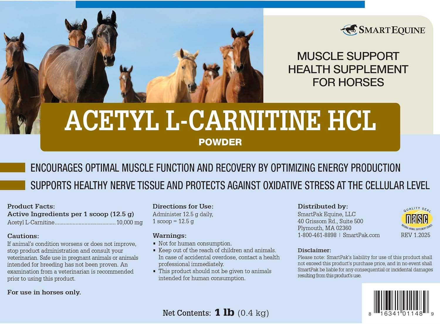 Uckele by SmartEquine Acetyl L-Carnitine HCL Powder | Horse Energy Supplement & Muscle Supplement for Horses Supporting Muscle Function & More | Antioxidant-Rich Pure Formula | 1 lb Bag