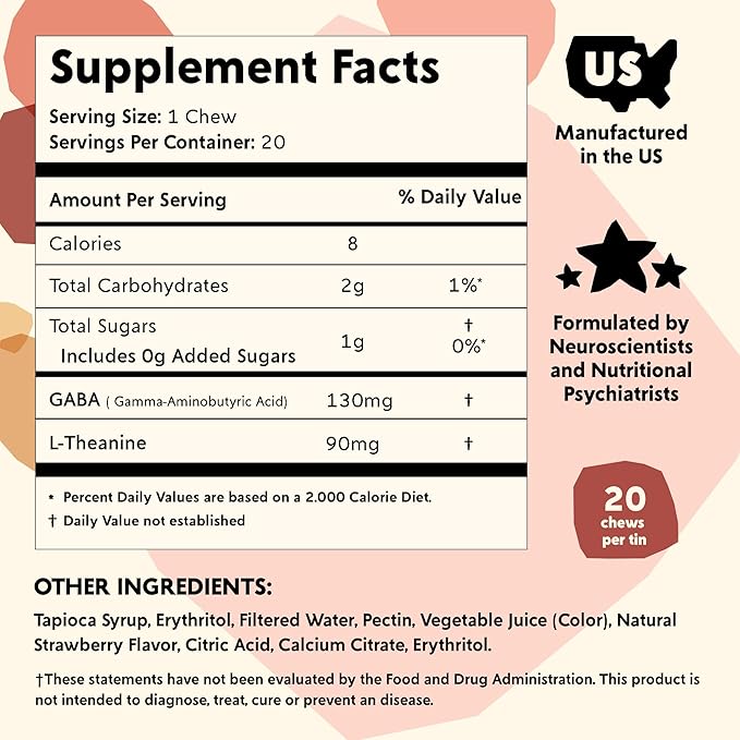 PYM Berry Mood Chews Support for Stress, Worry & Overwhelm, 60 Count | 130mg GABA, 90mg L-Theanine | Vegan, Non-GMO, Gluten-Free, No Added Sugar | All-Natural Mood Balance Supplement Made in USA