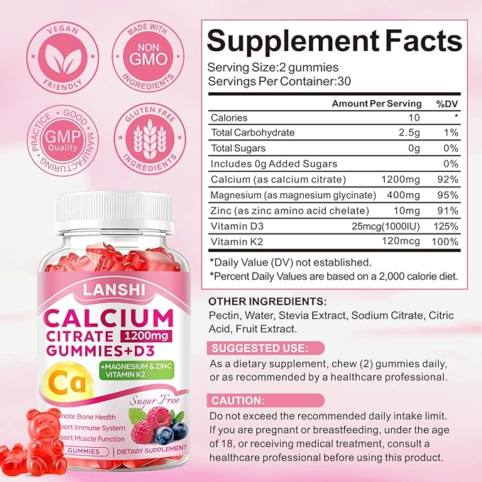 Calcium Citrate Gummies 1200mg with Vitamin D3 & K2 Supplements for Women & Men, High Absorption Calcium Gummies Plus Magnesium, Zinc for Strong Bones & Immune Support Mixed Berry Flavor, 2 Pack