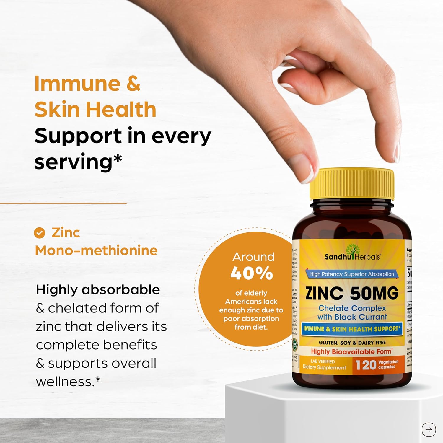 Zinc Supplements for Men and Women | Zinc 50mg with Black Currant 120 Vegetarian Capsules | Highly Absorbable Form for Immune Support | Zink 50 mg Supplement Promotes Skin Health
