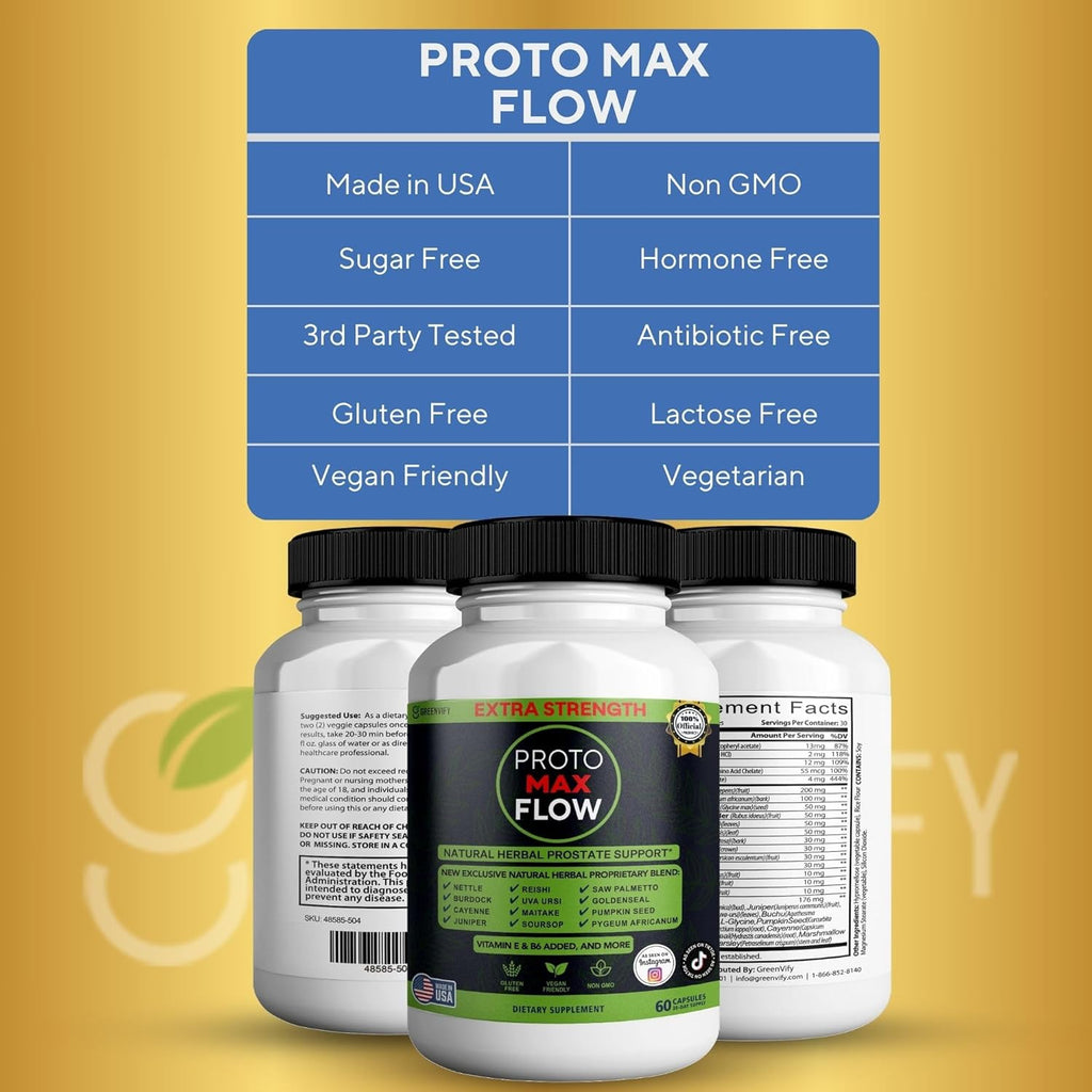 Proto Max Flow Extra Strength Prostate Support, Natural Herbal Supplement with Saw Palmetto, 60 Capsules (3)
