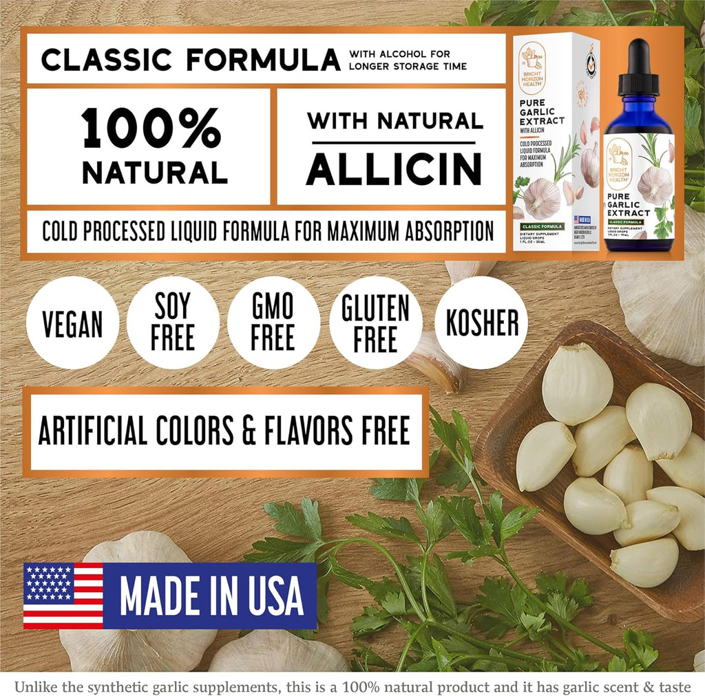 Pure Garlic Extract with Allicin Classic Cold-Processed Liquid Formula – 1 fl oz Dropper Bottle – Vegan, Non-GMO, No Additives