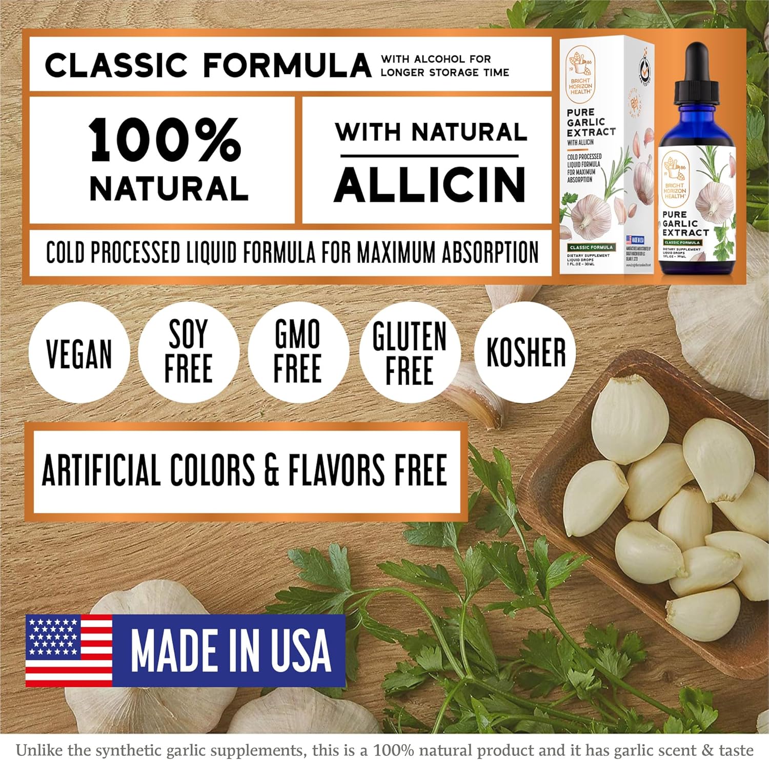Pure Garlic Extract with Allicin Classic Cold-Processed Liquid Formula – 1 fl oz Dropper Bottle – Vegan, Non-GMO, No Additives
