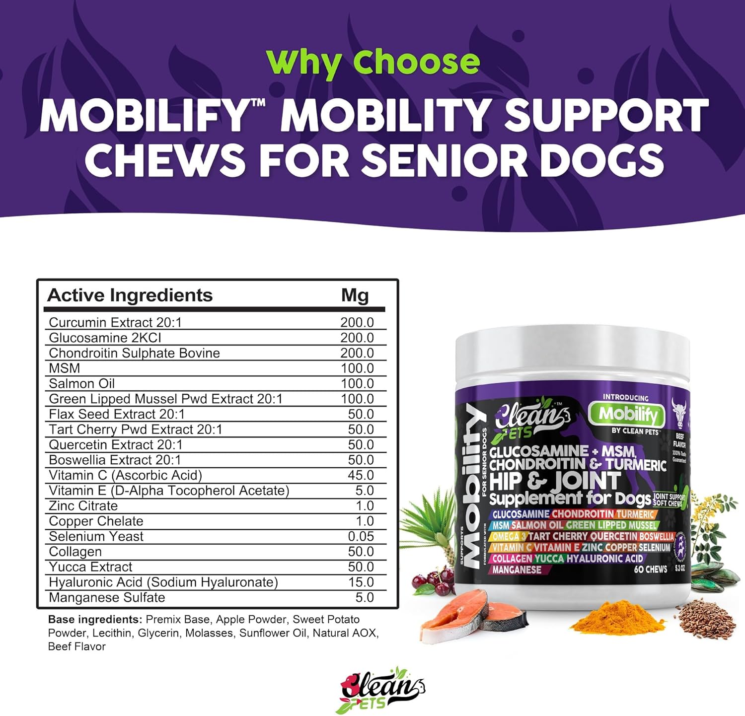 Hip and Joint Supplement Dogs with Glucosamine for Dogs + Chondroitin, Turmeric, Hyaluronic Acid, MSM, Salmon Oil, Collagen, Vitamin C, Omega 3 Senior Dog Supplements Beef Flavor - 1Pack