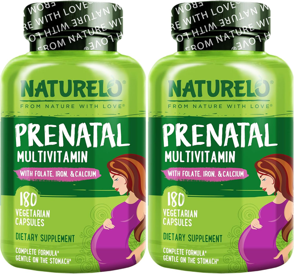 NATURELO Prenatal Multivitamin with Gentle Chelated Iron, Methyl Folate, Plant Calcium & Choline - Vegan, Vegetarian - Non-GMO - Gluten Free - 180 Capsules - 4 Month Supply (Pack of 2)