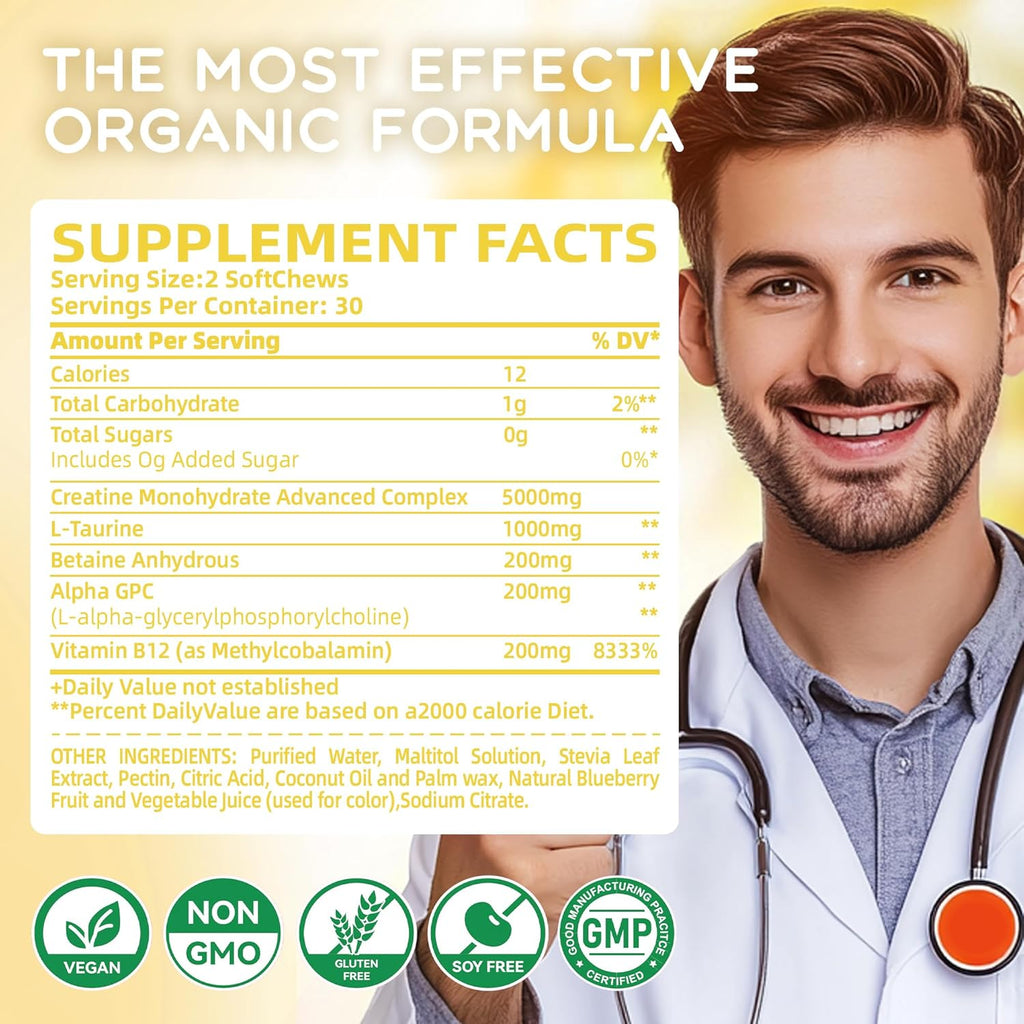 Creatine Monohydrate Chews Complex 6400mg for Men & Women -Advanced Formula W/L-Taurine + Vitamin B12, Sugar Free Chewable Supplement,60 Pineapple Softchews