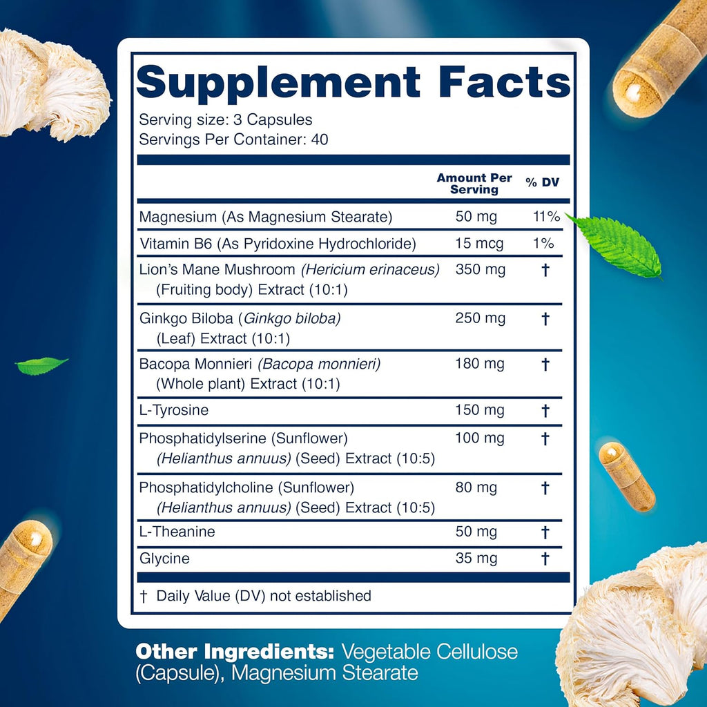 Organic Lions Mane Supplement Capsules - 120 Real Mushrooms Lion's Mane Capsules with Ginkgo Biloba Herb, Bacopa Monnieri, L Theanine, L Tyrosine - Mushroom Complex for Daily Wellness