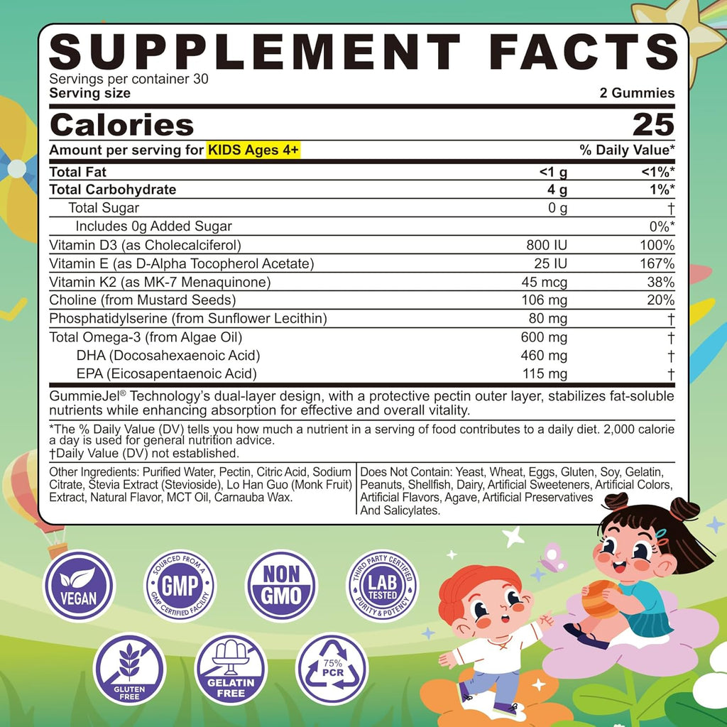Omega-3 for Kids 4+, Algae EPA & DHA Gummies Plus Vitamin D3 K2, Choline & PS for Brain, Bone, Cognitive & Immune Health, Zero Sugar Children Ultra-High DHA Fish Oil Alternative Lemon Flavor, 60 Cts