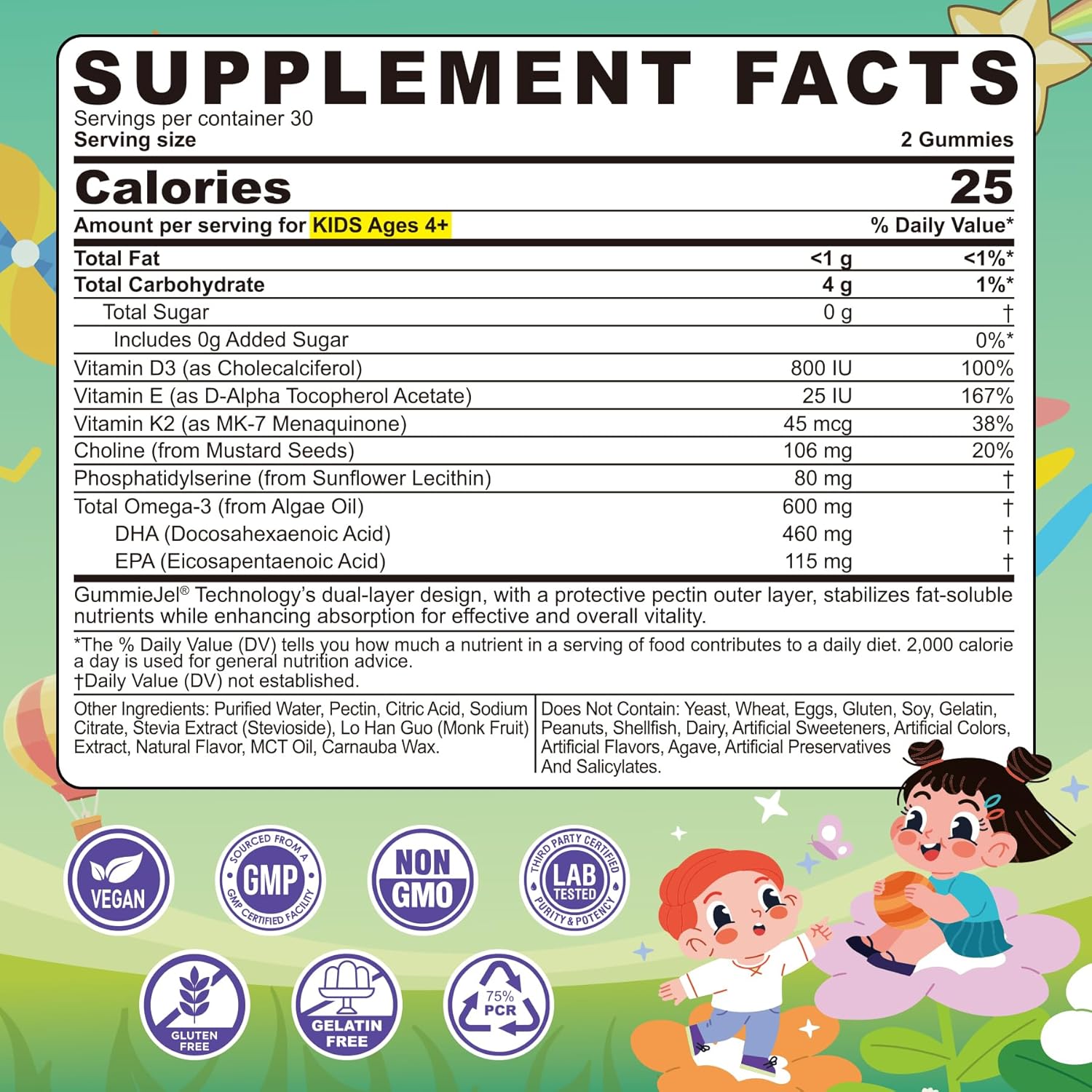 Omega-3 for Kids 4+, Algae EPA & DHA Gummies Plus Vitamin D3 K2, Choline & PS for Brain, Bone, Cognitive & Immune Health, Zero Sugar Children Ultra-High DHA Fish Oil Alternative Lemon Flavor, 60 Cts