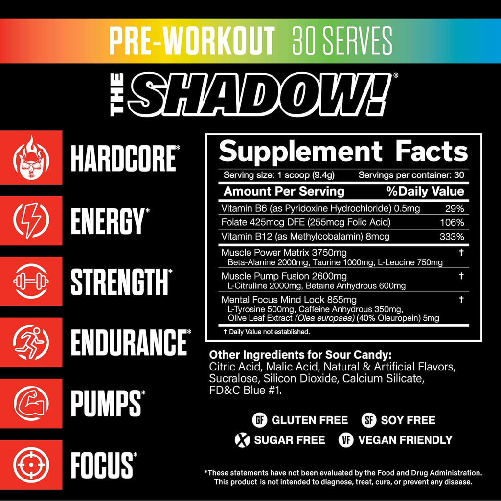 JNX SPORTS The Shadow! 350mg of Caffeine Hard Core Preworkout - Sour Candy 30 Servings | Electric Energy, Mental Focus & Superhuman Strength for Men & Women